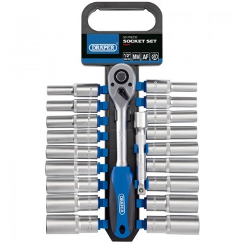 Combined MM/AF Deep Socket and Ratchet Set, 1/2” Sq. Dr. (20 Piece) Combined MM/AF Deep Socket and Ratchet Set, 1/2” Sq. Dr. (20 Piece)